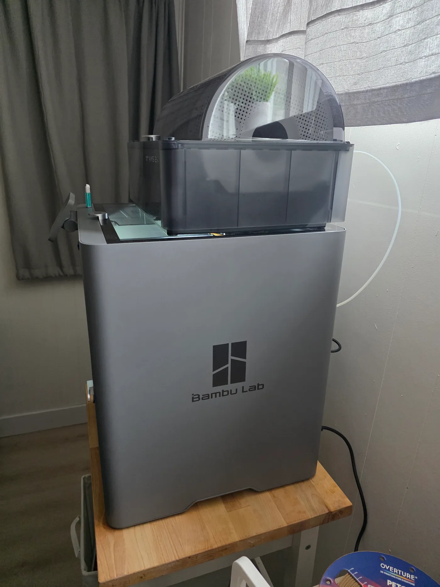 Side view of the Bambu Lab P2S with the AMS 2 Pro and PTFE feed tube