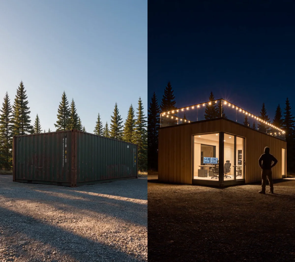 Two AI-generated frames side by side: a rusty green shipping container in a gravel yard at sunrise, and a cedar-clad studio with a lit rooftop deck at night