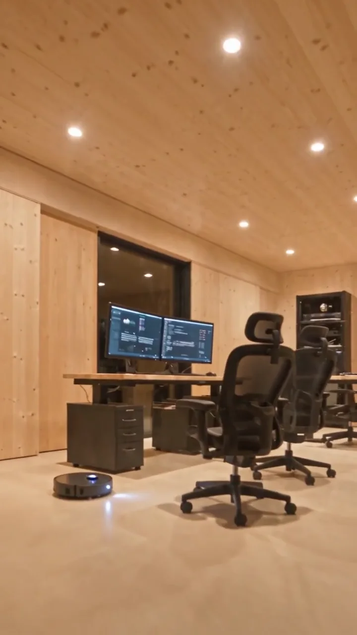 AI-generated interior of a wood-lined studio with two monitors on a desk, mesh office chairs and a robot vacuum on a pale concrete floor