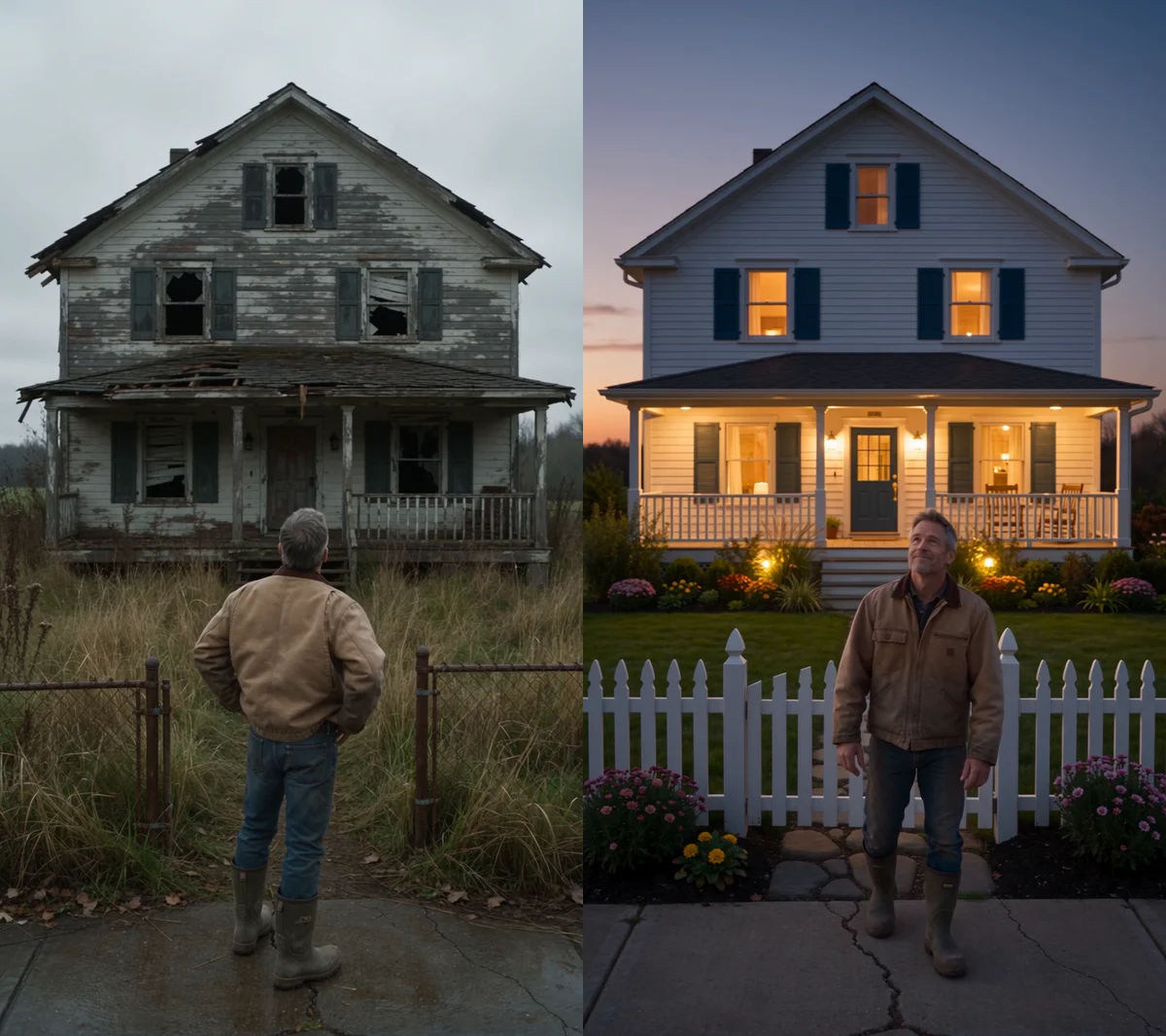 Two AI-generated frames side by side: a run-down farmhouse with broken windows and a man in a work jacket at the gate, and the same house rebuilt with a lit porch at dusk