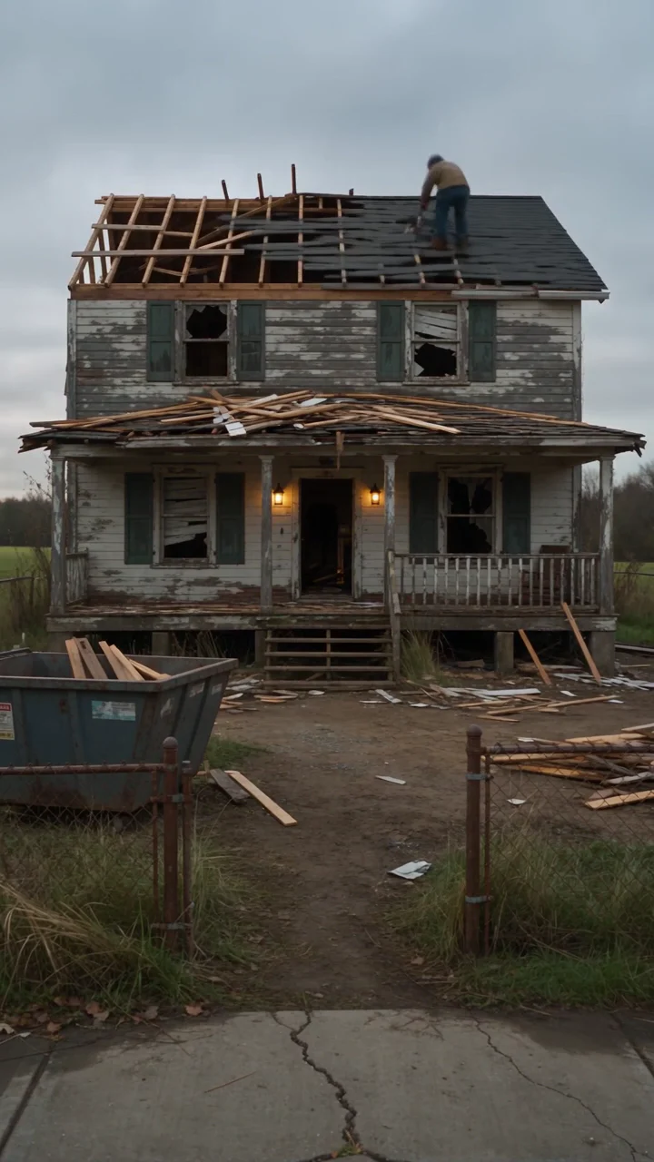 AI-generated frame of a farmhouse mid-renovation with its roof stripped to the rafters, scaffolding along the side and a dumpster in the front yard