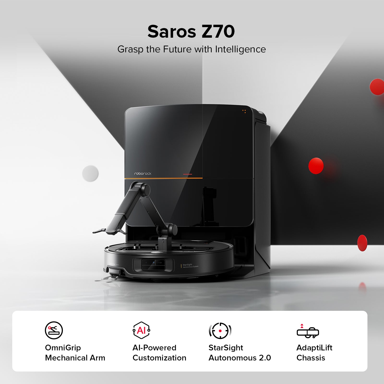 Roborock's supplied product imagery for the Roborock Saros Z70. The specifications discussed here remain manufacturer claims.