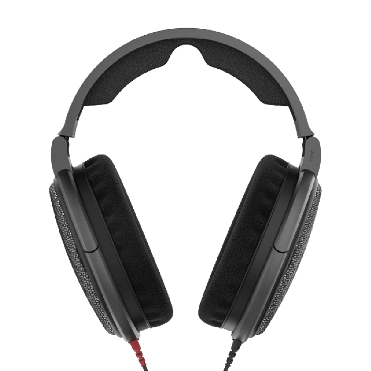 A front view shows the ear pads, headband cushion and two-sided cable routing.